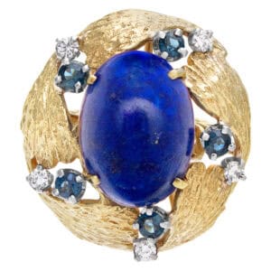 Cabochon Lapiz lazuli ring in 18k with a textured leaf design