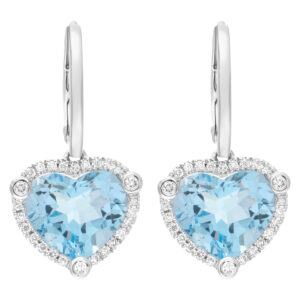 Blue tourmaline heart shaped diamond earrings in 18k white gold