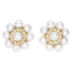 Elegant pair of  pearl earrings (5 x5.5mm) with diamonds accent., set in 18K yellow gold with post and omega clip on.