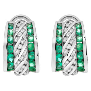 Charles Krypell emeral diamond earrings 18k white gold with approximately 0.46 carats in round diamonds and approximately 1 carat in round emeralds. Length 0.5".Width: 10.5mm.