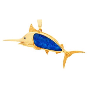 One of a kind, custom designed "Marlin" pendant in 18k yellow gold with blue/green Australian opal body center