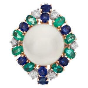 Center South Sea 15mm Pearl Ring with Emeralds, Sapphires, & Diamonds 14k white gold