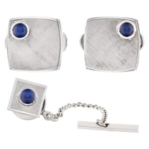 Lindy Star sapphire cufflings and tie set in 18k white gold