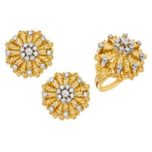 Vintage 18k Yellow Gold Earring And Ring Set With Single Cut Diamond Accents Of Approximately 0.75 Carat