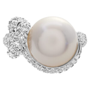 Mikimoto Milano south sea cultured pearl ring with high grade, excellent luster, round shape pearls of 11.8mm with very clean surface with silver body and rose overtone