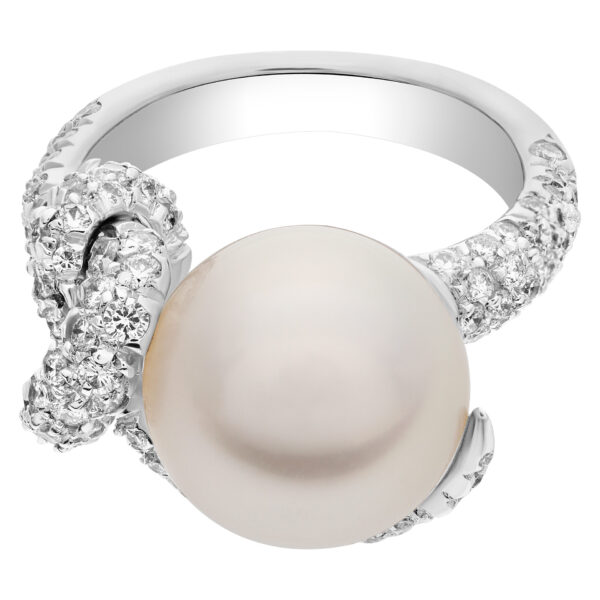 Mikimoto Milano south sea cultured pearl ring with high grade, excellent luster, round shape pearls of 11.8mm with very clean surface with silver body and rose overtone