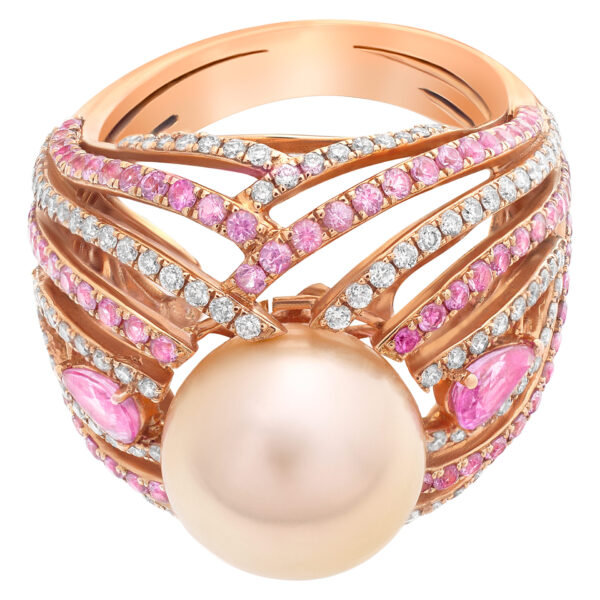 Bold and beautiful ESME cocktail ring with a center fresh water golden pearl of 11.5mm with pink sapphire accents of 1.78 carats and round cut G-H. SI1-SI2 diamond accents.