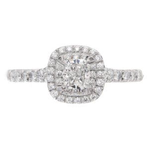 Tiffany & Co. platinum & diamond "Soleste" double row ring, prong set with cushion cut 0.40 carat diamond (F color, VS2 clarity) surrounded  with 0.28 cts in round diamonds