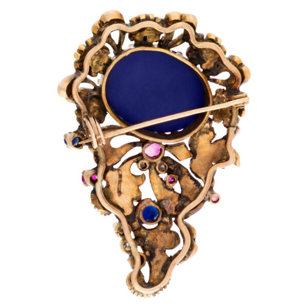 Antique Brooch with Cabochon lapis lazuli center and rose & cushion cut diamond set in 14K gold