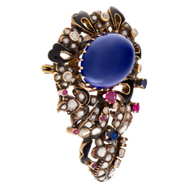 Antique Brooch with Cabochon lapis lazuli center and rose & cushion cut diamond set in 14K gold