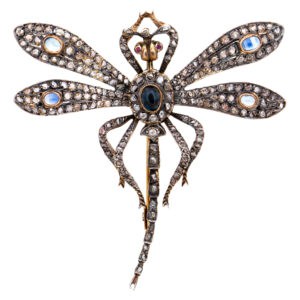 Antique dragon fly broach with rose cut diamond and cabochon sapphires 14k gold