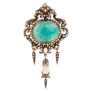 Antique Broach/Pendant with over 40 carats carved emerald cabochon, with rose cut & cushion cut diamonds set in 14K yellow gold.