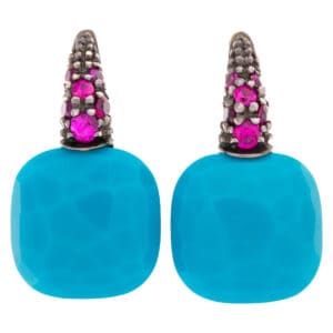 Pomellato Capri Turquoise Drop Earrings in 18k Yellow Gold With 0.45 Carats of Rubies.