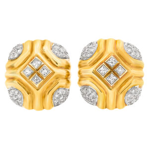 Square button diamond earrings with approximately 2 carats in round and princess cut diamonds