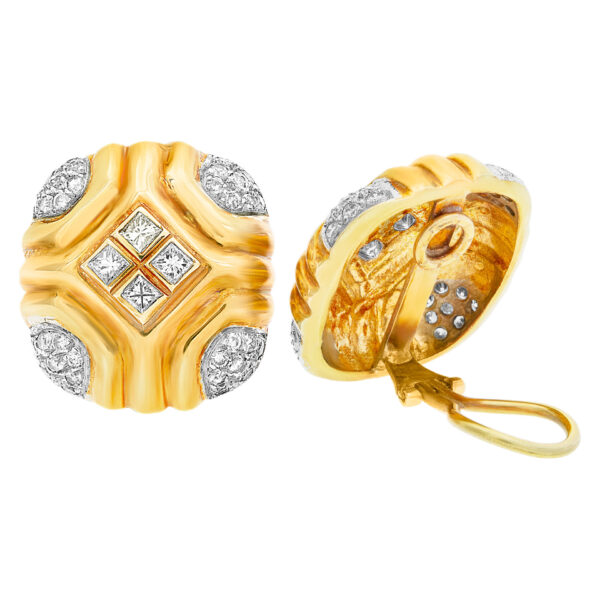 Square button diamond earrings with approximately 2 carats in round and princess cut diamonds