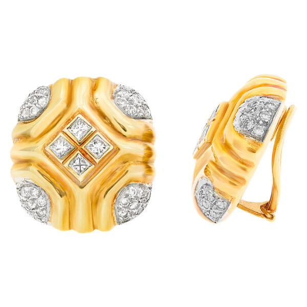 Square button diamond earrings with approximately 2 carats in round and princess cut diamonds