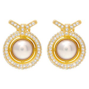 Button pearl earrings with pave diamonds in 18k