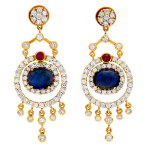 Drop earrings in 18k with diamond, sapphires & rubies