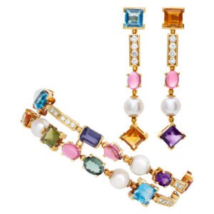 Geometric pearl and semi precious bracelet and earring set in 18k