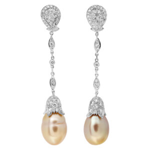 Rare pair of natural drop Golden South Sea Pearl earrings with diamonds in 18k whit gold