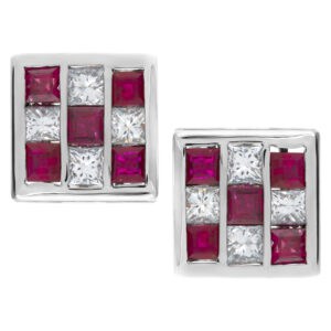 Cufflinks with ruby and princess cut diamonds in 18k white and yellow gold