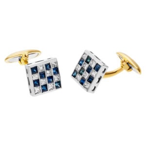 Formal Diamonds and Sapphire cufflinks in 18k yellow and white gold