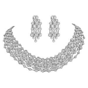 Diamond bubble bib earring and necklace set in 18k white gold with approximately 8 carats in diamonds