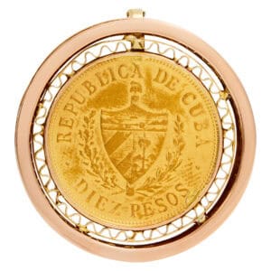 Cuban 10 Peso gold coin pendant mounted in 18k rose gold with rubies