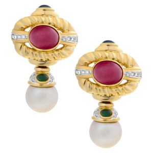 Dangling cultured pearl earings with cabochon rubies, emeralds, sapphires and pave diamonds