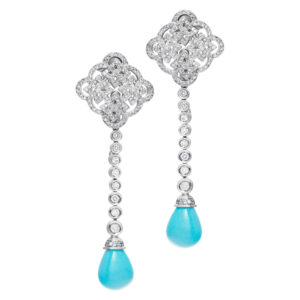 Tear drop Persian turquoise & diamonds earrings with over 2 carats diamonds set in 18K white gold.