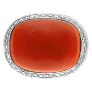 Large red coral cabochon ring with 0.50 carat pave diamonds in 18k white gold