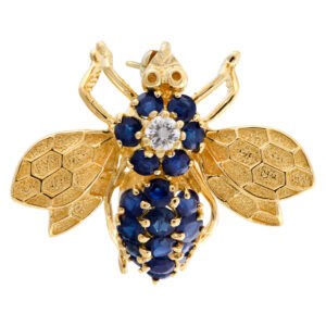 "Honey Bee" brooch with sapphires & diamonds set in 14k yellow gold