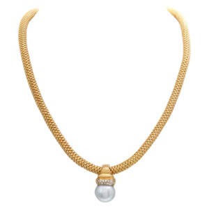 Italian designer "Bersani" necklace in 18k yellow gold with a removable South Sea Pearl & diamonds enhancer.