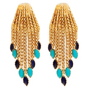 Dangling "Medusa" earrings with sapphire and turquoise in 18k yellow gold