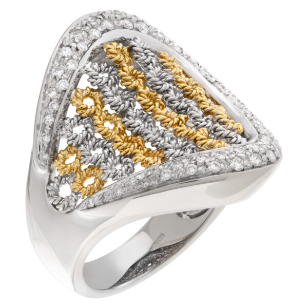 Basket weave with surrounding pave diamonds in 18k white and yellow gold