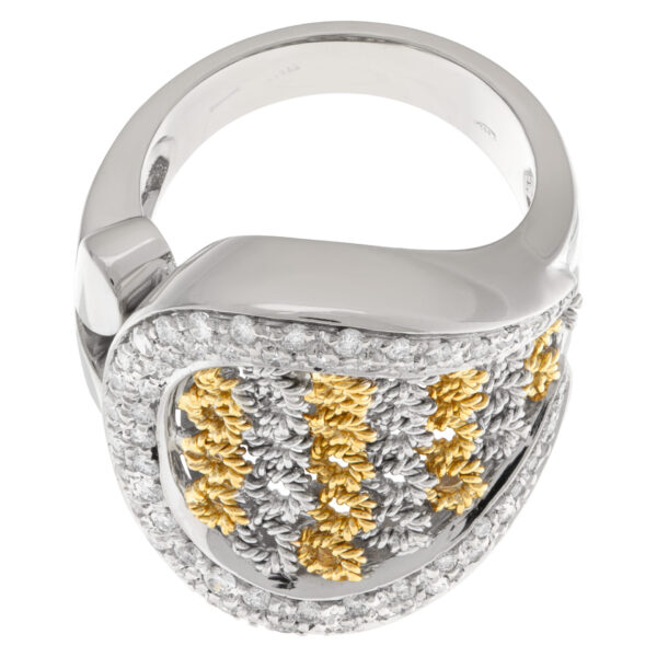 Basket weave with surrounding pave diamonds in 18k white and yellow gold