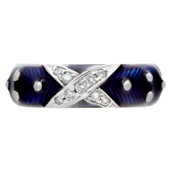 Diamond and blue enamel ring in 18k white gold