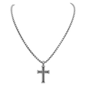 David Yurman sterling silver Chevron cross with diamonds on 22" sterling medium box chain necklace