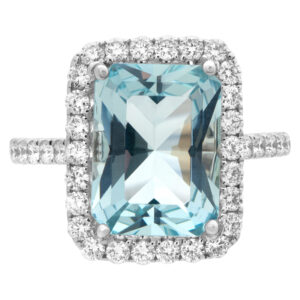 Aquamarine ring with diamond accents in 18k white gold