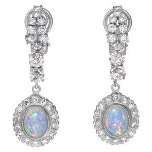 Beautiful cabochon fire opal & over 5 carats diamonds drop earrings in 14k white gold.