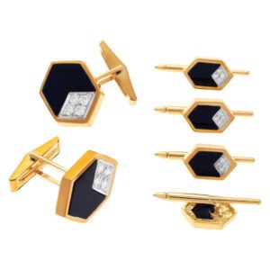 Hexagonal onyx & diamond cufflink & tuxedo stud set in 18k, approximately 0.50 carats