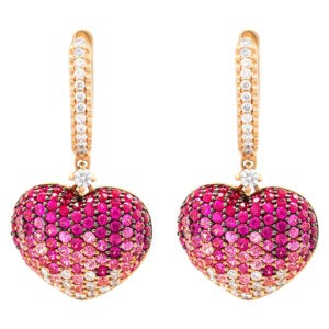 Heart Shaped ruby, pink sapphire and diamond earrings in 18k rose gold