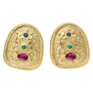 Earrings with cabochon rubies, emeralds, sapphires and diamonds set in 18k