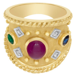 Wide ring with cabochon ruby, emeralds and diamonds set in 18k