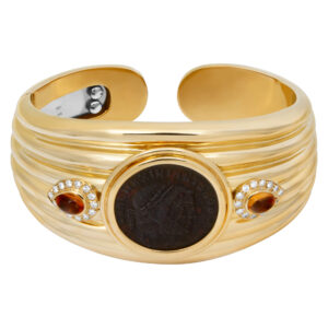 Cuff bangle with ancient coin accented by cabochon citrines and diamonds