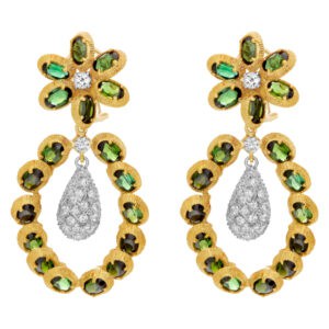 Flower earrings with dangling pave diamond teadrops in 18k