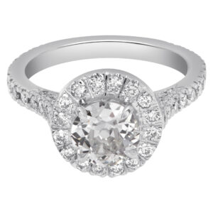 GIA certified old european brilliant cut 1.17 carat (K color, VS2 clarity) ring in diamond halo setting