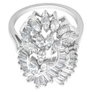 Diamond cocktail ring with over 2 carats in marquise and baguette diamonds set in 14k white gold