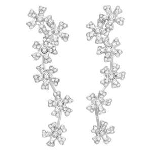 Hanging pave diamond floating flower earrings in 18K white gold.