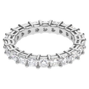 Diamond eternity band with 22 radiant cut diamonds, totaling 3.35 carats set in platinum.